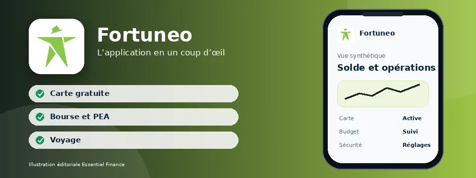 Aperçu illustré de l’application Fortuneo et de ses cartes