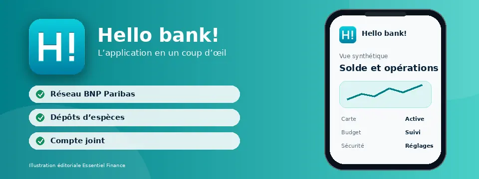 Aperçu illustré de l’application Hello bank! et de ses cartes