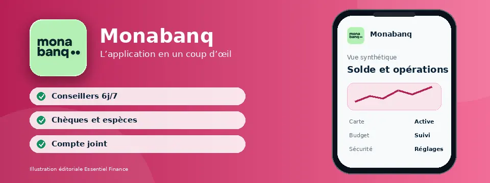 Aperçu illustré de l’application Monabanq et de ses cartes